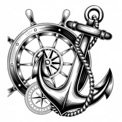 Detailed monochrome illustration of a ship's wheel, anchor, rope and compass on white backdrop