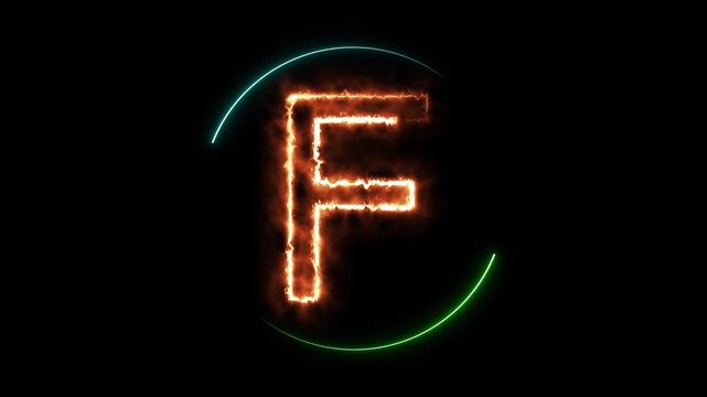 Animated fiery F in glowing circular frame, perfect for flame effects, fire animations, and alphabet visuals. Fiery Letter F Inside Glowing Circle On animation Black Background fire flame.