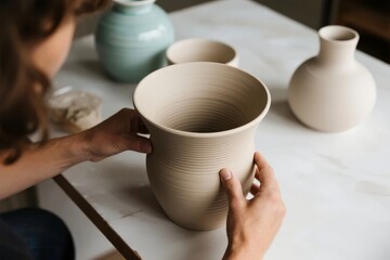 Person shaping a ceramic vase on a worktable with other pottery pieces nearby