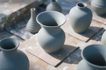 Unfired ceramic vases arranged on wooden boards in a pottery workshop