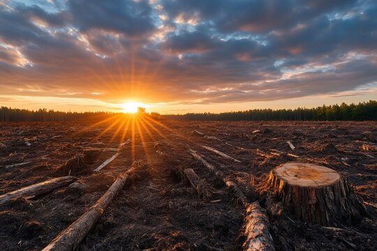 Deforested clearcutting area with tree stump at sunset