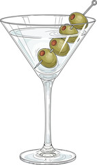 glass1.eps Martini Glass with Olives Illustration | Cocktail Drink Vector | Classic Bar Beverage Design