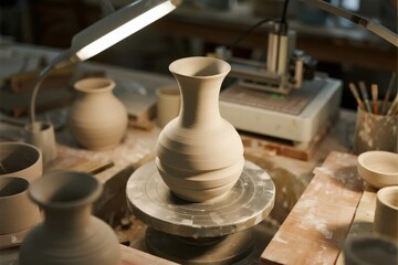 Clay vase being shaped on a pottery wheel in a workshop with tools and unfinished pieces around