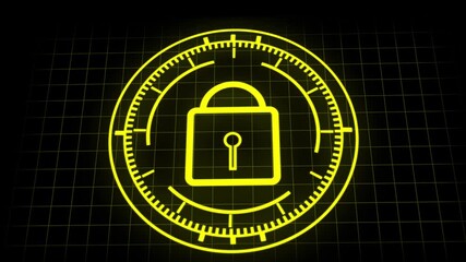 Yellow digital padlock icon with circular HUD interface on grid animation background security technology. Smooth animation of yellow digital lock with circular HUD and grid, ideal for technology, - Powered by Adobe