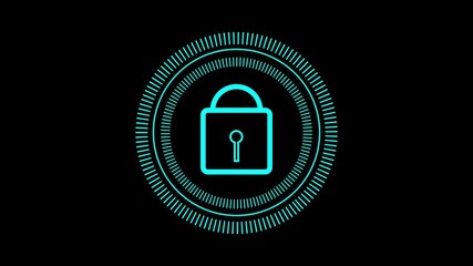 Cyan digital padlock icon with circular HUD interface on animation black background security technology. Smooth animation of cyan digital lock with circular HUD, ideal for security, technology - Powered by Adobe