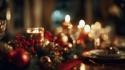 Warm Christmas dinner table with gold and red ornaments and candlelight bokeh