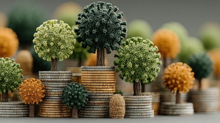 Conceptual image of trees shaped like viruses growing on stacks of coins representing financial