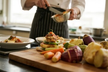Chef preparing fresh vegetables and plated dishes in a professional kitchen