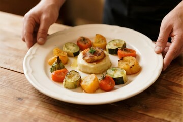 A plated dish featuring a scallop on mashed potato with roasted vegetables, presented on a wooden table.