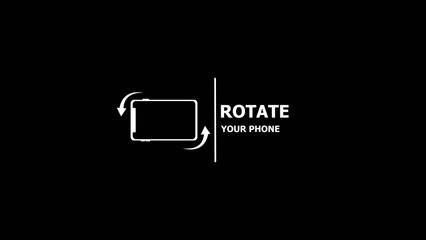 White icon showing a smartphone rotating with curved arrows and text rotate your phone on black background