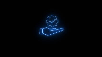 Blue neon hand holding gear with checkmark on black background image