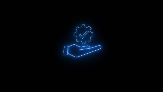 Blue neon hand holding gear with checkmark on black background image