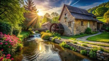 Fototapeta premium Serene Sunrise at the Old Water Mill, Sunbeams Dancing on the River, Lush Greenery and Stone Pathways