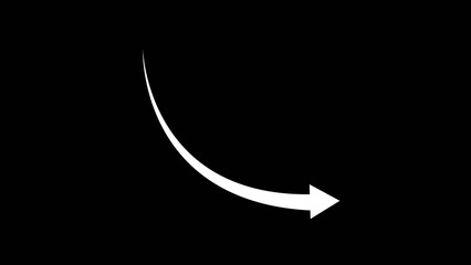 A white curved arrow pointing right on a black background direction