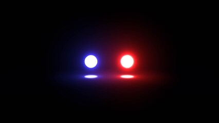 Two glowing orbs of light one red and one blue with reflections on a dark background image