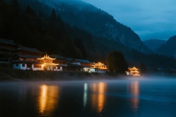 Traditional buildings illuminated at dusk by a calm lake with mountain backdrop