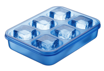 Light-blue plastic ice cube tray with six clear cubes