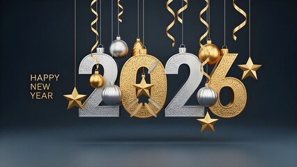 Elegant 2026 new year celebration with golden stars and silver numbers