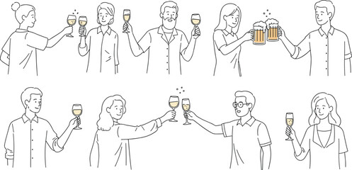 Line drawing people toasting drinks, casual celebration scene, minimalist social gathering, wine and beer cheers, flat vector illustration
