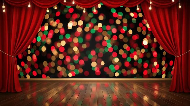Vibrant festive stage with luxurious red velvet curtains opening to a dazzling display of colorful bokeh lights, perfect for holiday celebrations, performances, or special event backdrops