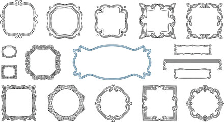 Ornate frame collection, decorative border set, vintage outline design, elegant shape variety, floral and swirl motifs, flat vector illustration