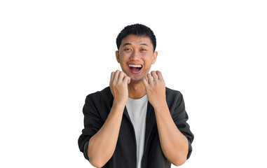 Young Asian man wearing black coat having a big surprise, isolated on white background. The concept of the arrival of big luck.