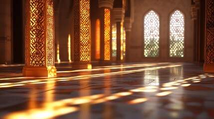 Sunlight streams through arched windows illuminating ornate columns and a patterned floor in an ancient hall