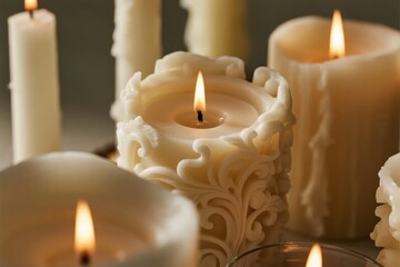 Lit decorative candles with intricate designs, creating a warm and cozy ambiance