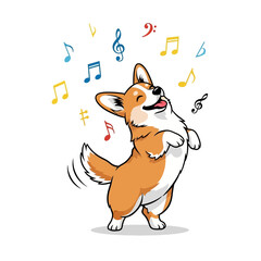 Happy Corgi Dog Singing and Dancing with Musical Notes Around.