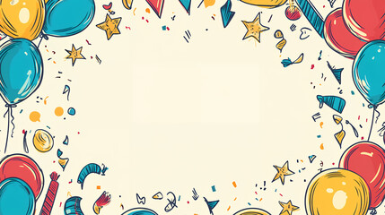 Festive party background with balloons, confetti, and stars for celebrations