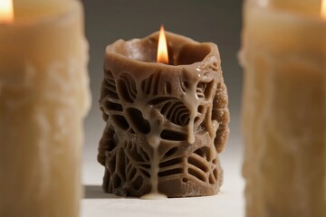 Close-up of a lit candle with intricate carved design and wax drips, flanked by two plain candles