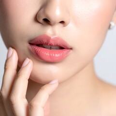 Obraz premium Close-up of a person's face, focusing on the mouth with glossy, rosy lips. Delicate hand lightly touches the cheek
