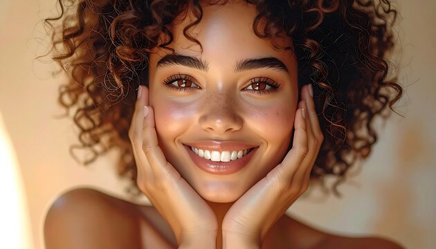 Close-up of a radiant woman with curly brown hair, holding her face with both hands, showcasing a bright, warm smile