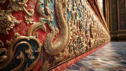 Intricate golden dragon carving on a red and teal ornate wall, detailed texture and traditional asian art style