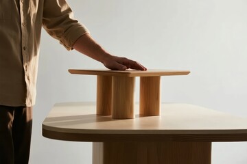 Person placing hand on a minimalist wooden table with cylindrical legs