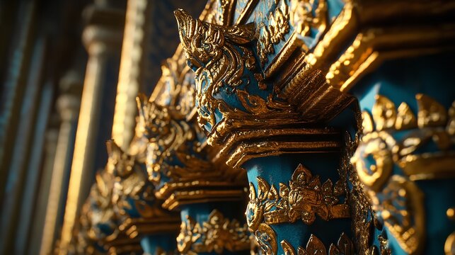 Intricate golden carvings adorn turquoise pillars in a traditional thai temple, showcasing detailed craftsmanship and cultural heritage