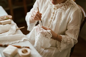 A woman in a white lace dress carefully embroiders intricate patterns on fabric using a needle and thread, surrounded by crafting materials on a table.