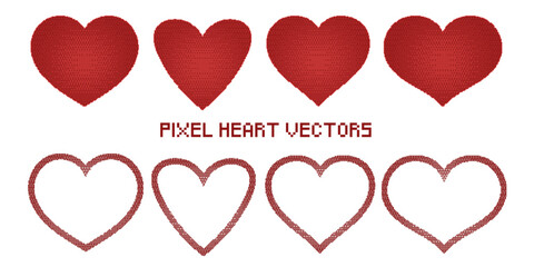 Red Pixel Halftone Gradient Heart Icons Set Vector with Filled and Outline Versions for Valentine's Day and Romantic Holidays