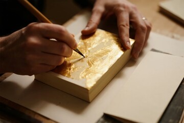 Hands applying gold leaf to a wooden block using a fine tool