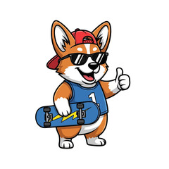 Cool Corgi Skateboarder with Sunglasses and Cap Giving Thumbs Up.