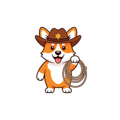 Cute Cartoon Corgi Dog Dressed as a Cowboy Holding a Lasso.