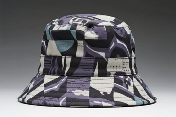 Abstract patterned bucket hat with geometric design in purple, white, and teal tones