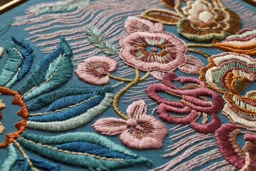 Close-up of colorful floral embroidery on blue fabric featuring detailed stitching and vibrant patterns