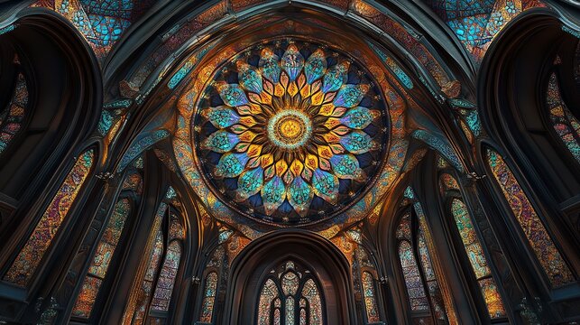 Intricate stained glass rose window in a gothic cathedral ceiling with ornate architectural details and colorful light