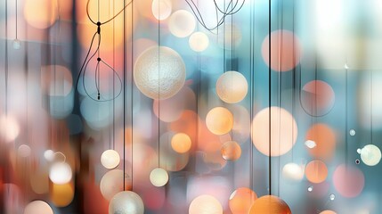 An abstract background featuring numerous hanging spheres and blurred bokeh lights in warm orange, pink, and cool blue tones, creating a dreamy and festive atmo