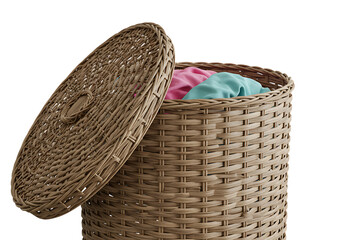 Woven laundry basket with colorful clothes ready for washing