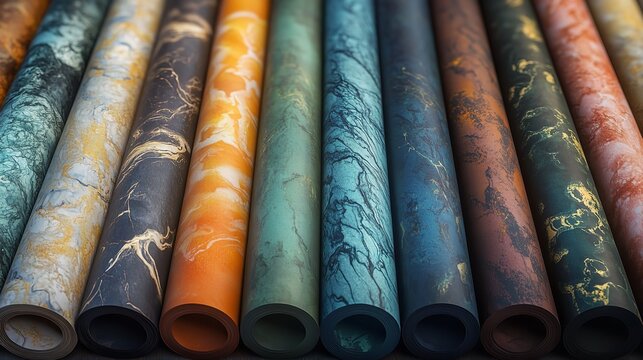 A collection of rolled up marbled paper in various colors and patterns, displayed in a row