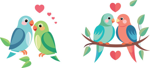 Naklejka premium Lovebirds' Embrace: Two pairs of vibrant lovebirds sharing intimate moments on a branch, adorned with hearts, expressing affection and companionship.
