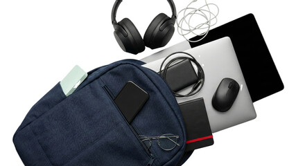 Elevated view showcasing a backpack with technology essentials against a pure backdrop
