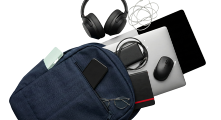 Elevated view showcasing a backpack with technology essentials against a pure backdrop